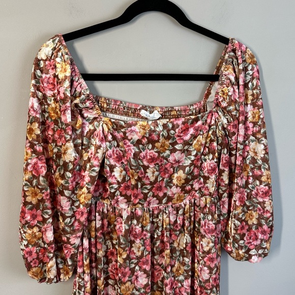 Peach Love Womens Brown Floral Velvet Dress Smocked Fairycore Size S Cottagecore - Picture 4 of 12